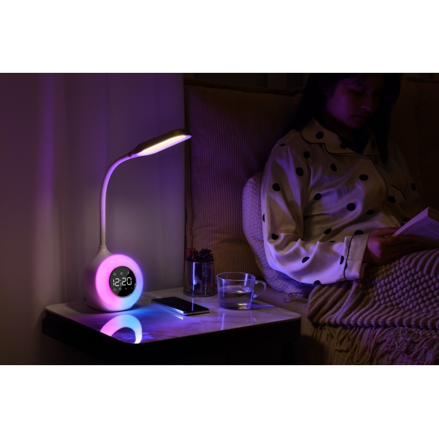 LED RGBW Dimmable table lamp with alarm clock FALCON LED/10W/12V