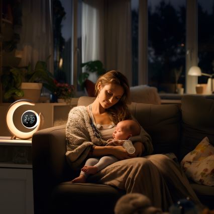 LED RGBW Dimmable table lamp with alarm clock PEACOCK LED/20W/5V USB