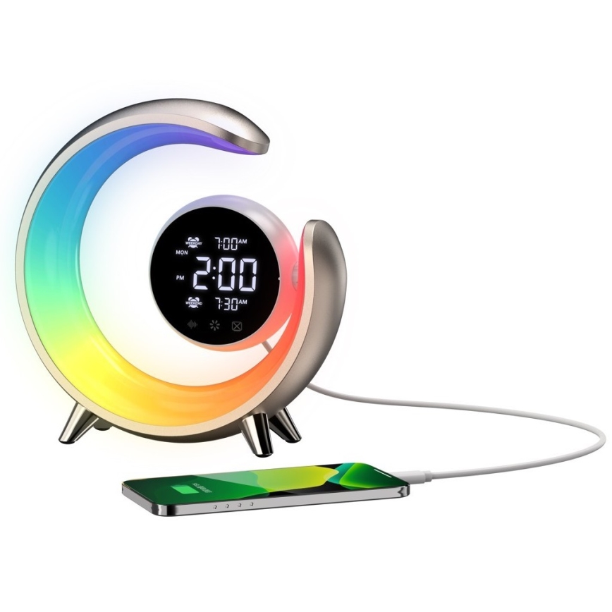 LED RGBW Dimmable table lamp with alarm clock PEACOCK LED/20W/5V USB