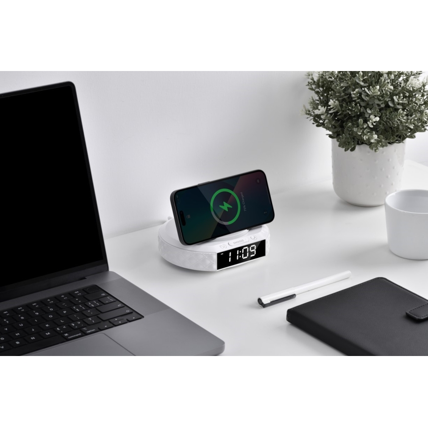 Alarm clock with LCD display and wireless Qi charger 27W/9V white