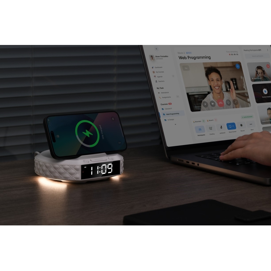 Alarm clock with LCD display and wireless Qi charger 27W/9V white