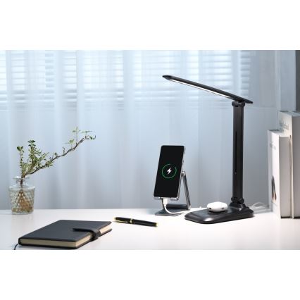 Dimmable LED desk lamp with Qi wireless charging and USB LUMI LED/7W/230V, black