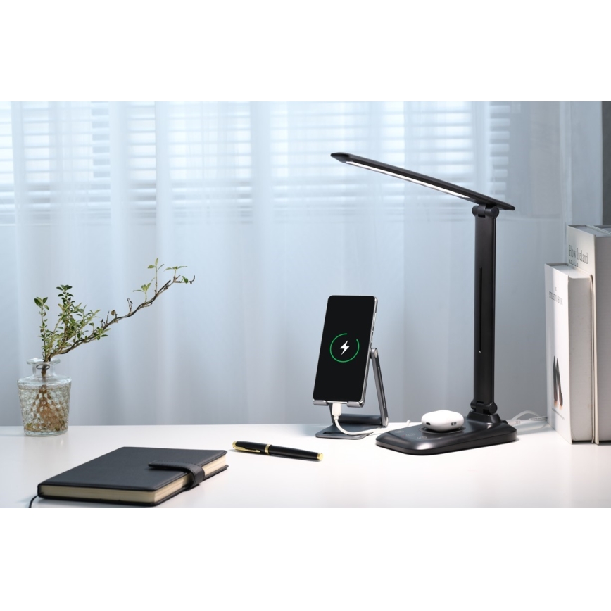 Dimmable LED desk lamp with Qi wireless charging and USB LUMI LED/7W/230V, black
