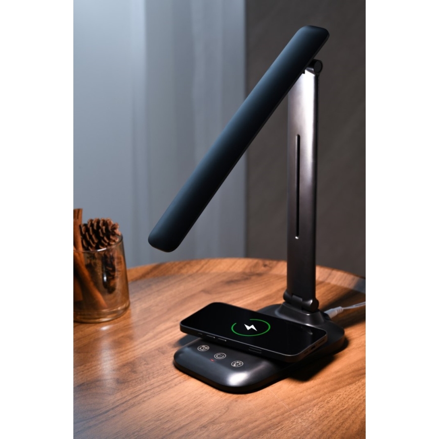 Dimmable LED desk lamp with Qi wireless charging and USB LUMI LED/7W/230V, black