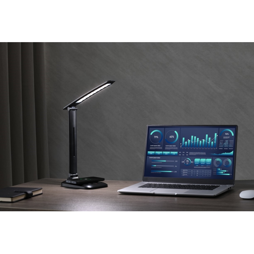 Dimmable LED desk lamp with Qi wireless charging and USB LUMI LED/7W/230V, black