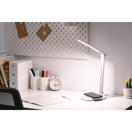 LUMI Dimmable LED Desk Lamp with Qi Wireless Charging and USB, 7W/230V, White
