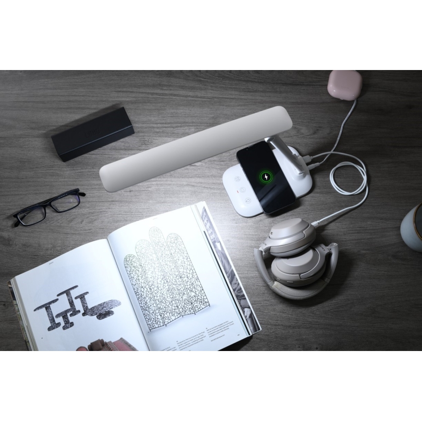 LUMI Dimmable LED Desk Lamp with Qi Wireless Charging and USB, 7W/230V, White