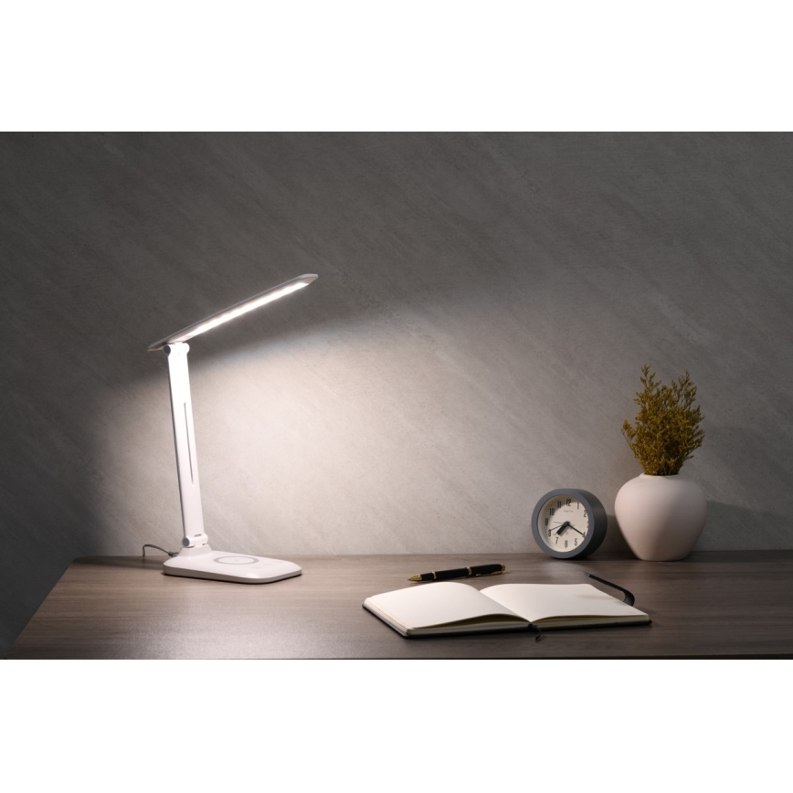 LUMI Dimmable LED Desk Lamp with Qi Wireless Charging and USB, 7W/230V, White