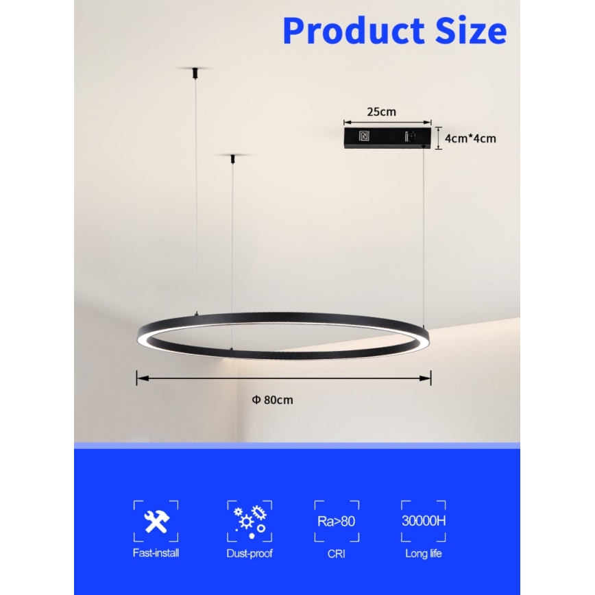 Immax NEO 07215L - LED Dimmable chandelier on a string FINO LED/60W/230V 80 cm black Tuya + remote control