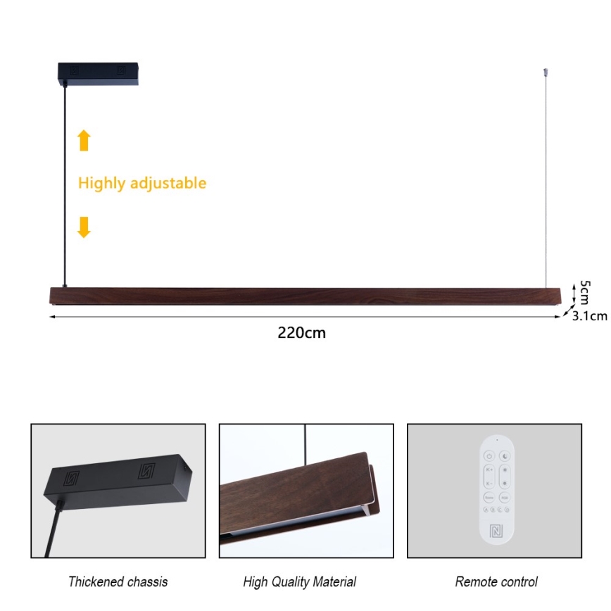 Immax NEO 07302L - LED Dimmable pendant light on cable MADEIRA LED/44W/230V Wi-Fi Tuya 202 cm walnut + remote control