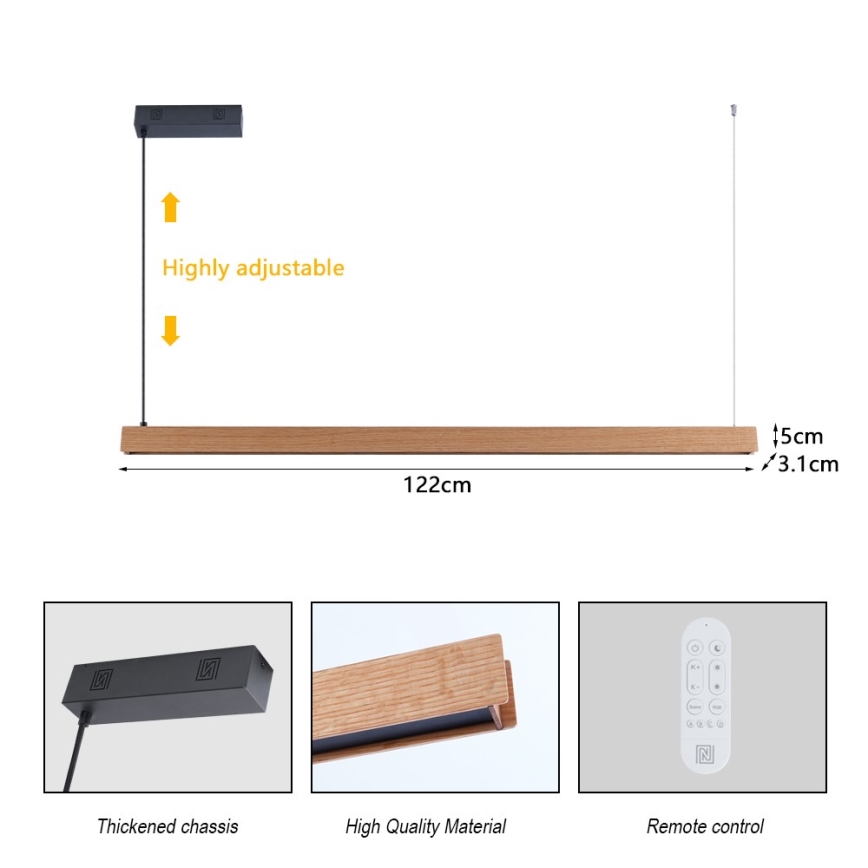 Immax NEO 07303L - MADEIRA LED Dimmable Cable Pendant Light LED/26W/230V Wi-Fi Tuya 122 cm Oak + Remote Control