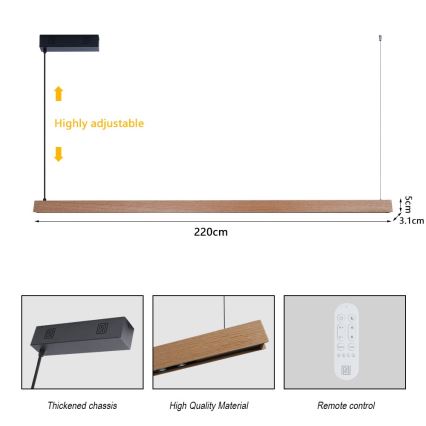 Immax NEO 07305L - MADEIRA LED dimmable cable-suspended pendant light LED/44W/230V Wi-Fi Tuya 202 cm oak + remote control