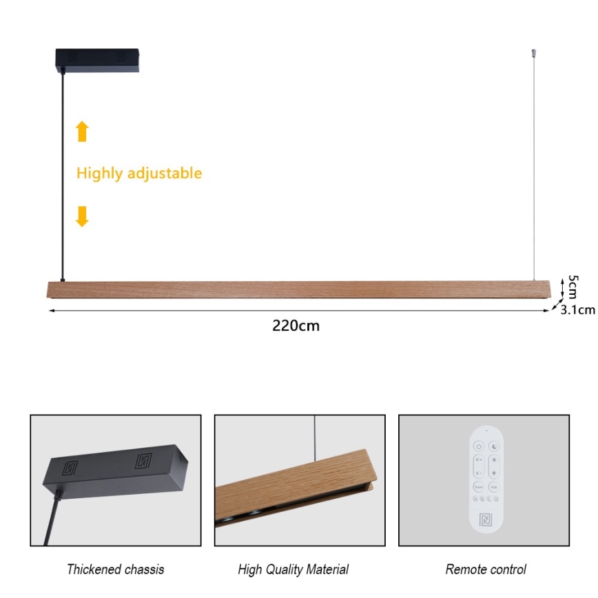 Immax NEO 07305L - MADEIRA LED dimmable cable-suspended pendant light LED/44W/230V Wi-Fi Tuya 202 cm oak + remote control