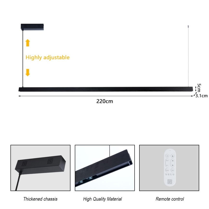 Immax NEO 07308L - MADEIRA Dimmable LED pendant on cable LED/44W/230V Wi‑Fi Tuya 202 cm Black + remote control