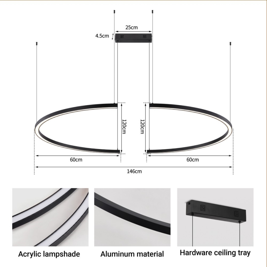 Immax NEO 07329L - FINO Dimmable Cable Pendant Light LED/72W/230V 120 cm Black Tuya-enabled + Remote Control