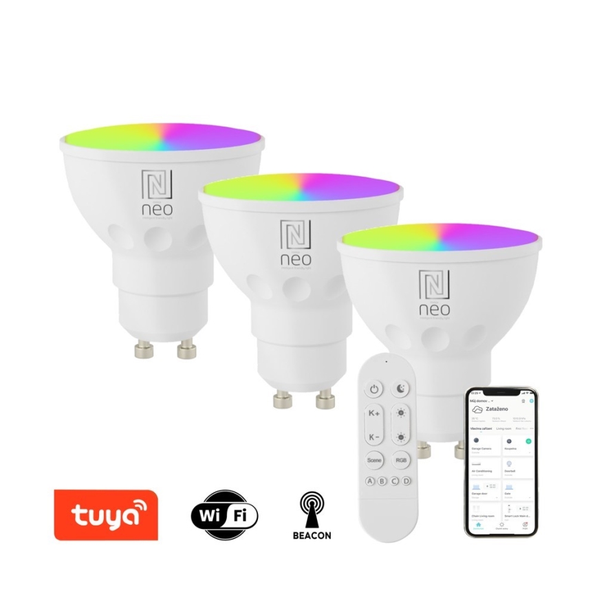 Immax NEO 07724CDO - Set of 3 LED RGB+CCT dimmable GU10 bulbs, 4.8W/230V, 2700–6500K, Tuya Wi‑Fi + remote control