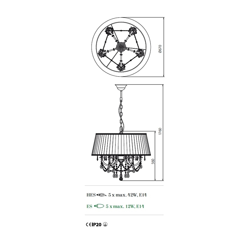 Incanti ICA P5 01 01 - Chandelier on a chain CANDORE 5xE14/42W/230V