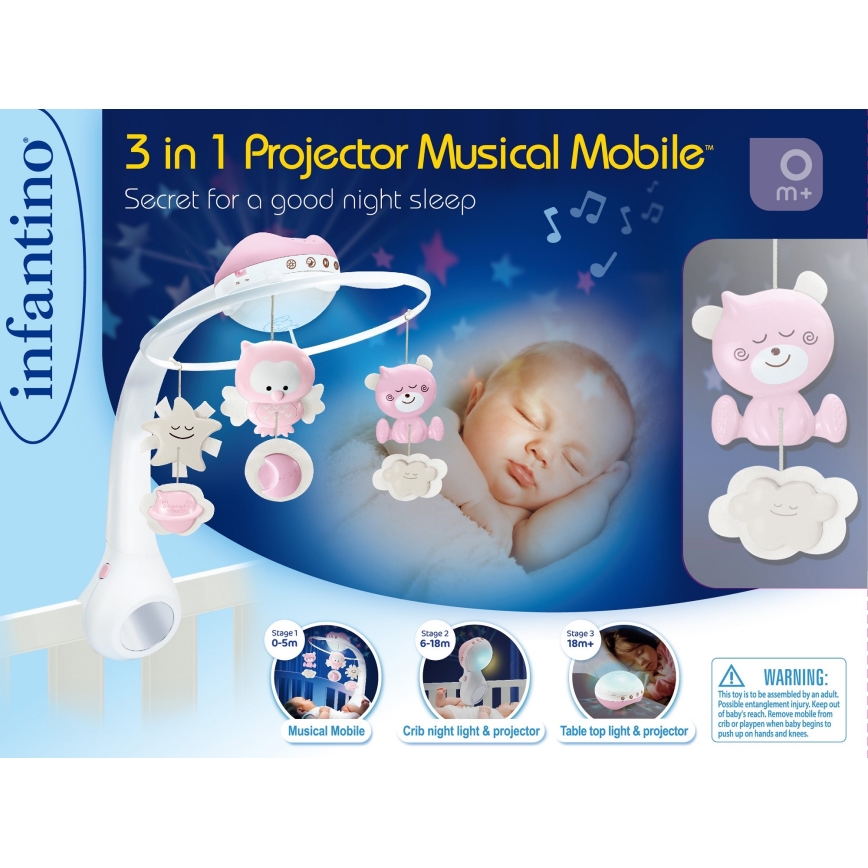 Infantino - Crib mobile with melody 3in1 3xAAA pink