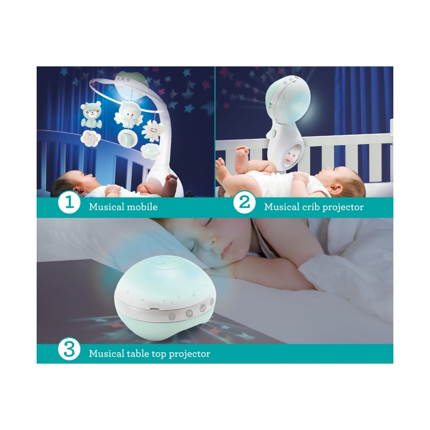 Infantino - Crib mobile with melody and projector 3in1 3xAAA green