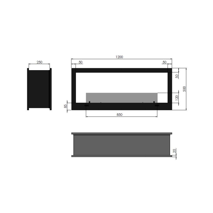 InFire - Built-in BIO fireplace 120x50 cm 3kW bifacial