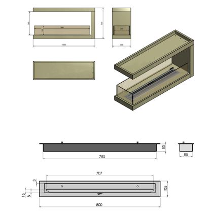 InFire - Corner BIO fireplace 100x50 cm 3kW bifacial