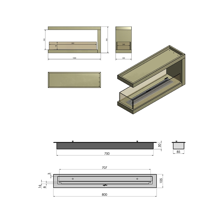 InFire - Corner BIO fireplace 100x50 cm 3kW bifacial