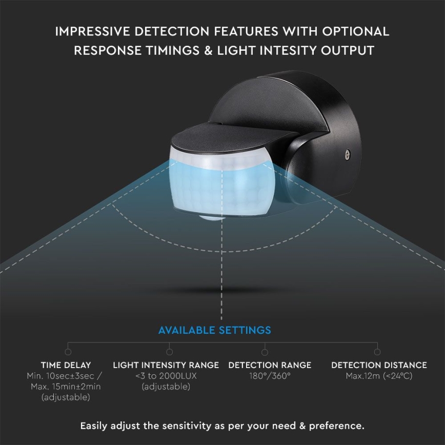 Infrared outdoor motion sensor 180/360° 600W/230V IP65 black