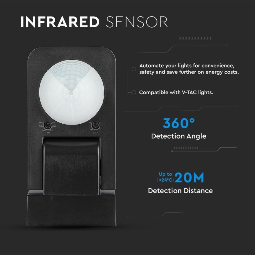 Infrared outdoor motion sensor 360° 1000W/230V IP65 black