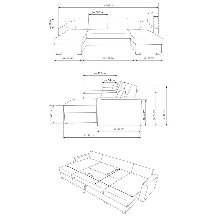 JANISE U-shaped sofa bed with storage, grey