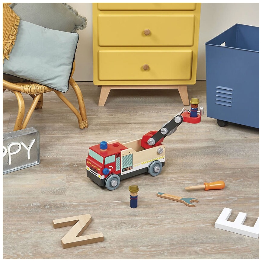 Janod - Wooden building set BRICOKIDS fire truck
