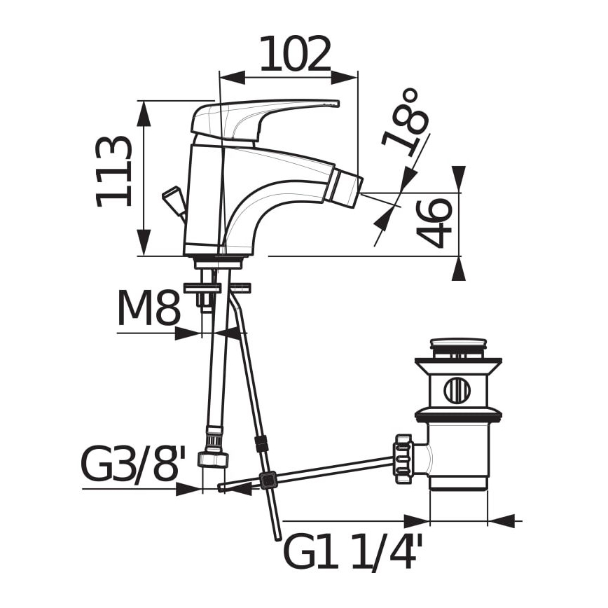 JIKA H3411U10041111 - Bidet tap + waste without overflow DEEP 11,3 cm shiny chrome