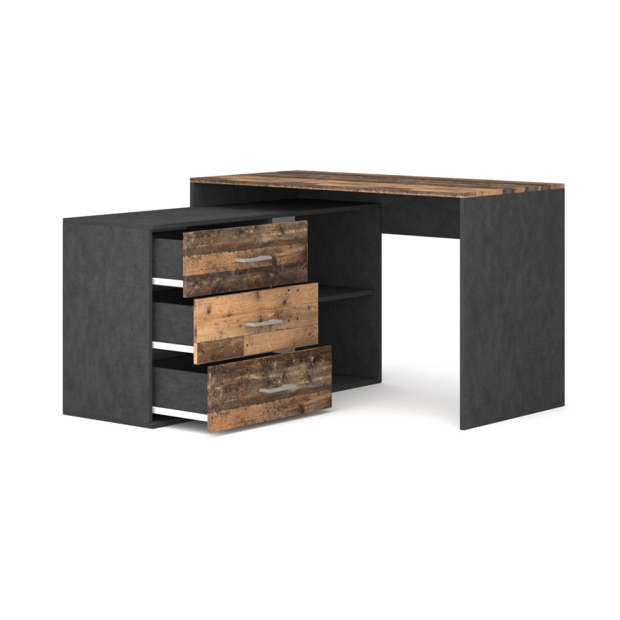 JULES 120 x 120 cm Corner Desk with Drawers — Reversible Left/Right Configuration, Brown/Black