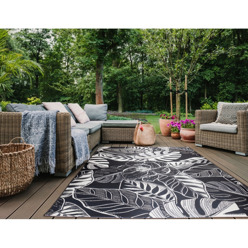 JUNGLE Outdoor Rug 160x220 cm — Black/White, Leaf Pattern