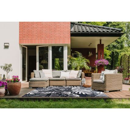 JUNGLE Outdoor Rug 160x220 cm — Black/White, Leaf Pattern