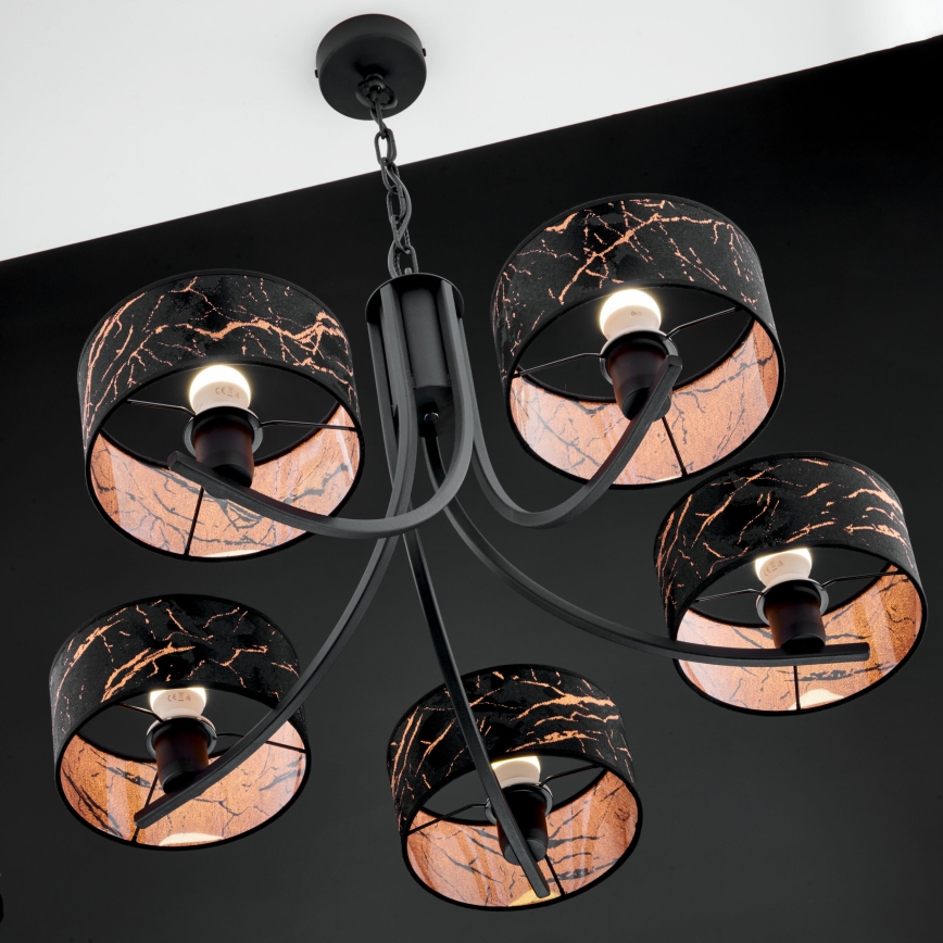 Jupiter 2107 - ARTHUR Chain-Hung Chandelier 5xE27/15W/230V Black/Orange/Marble Finish
