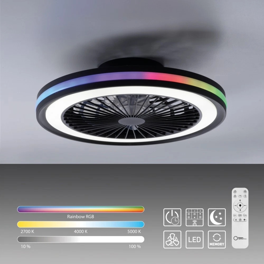JUST LIGHT. 14649-18 - LED RGBW Dimmable ceiling fan with a light BRANDON LED/36W/230V 2700-5000K d. 46,5 cm black + remote control