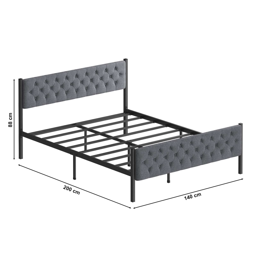 KAROM Metal Double Bed 140x200 cm — Grey, supports up to 200 kg
