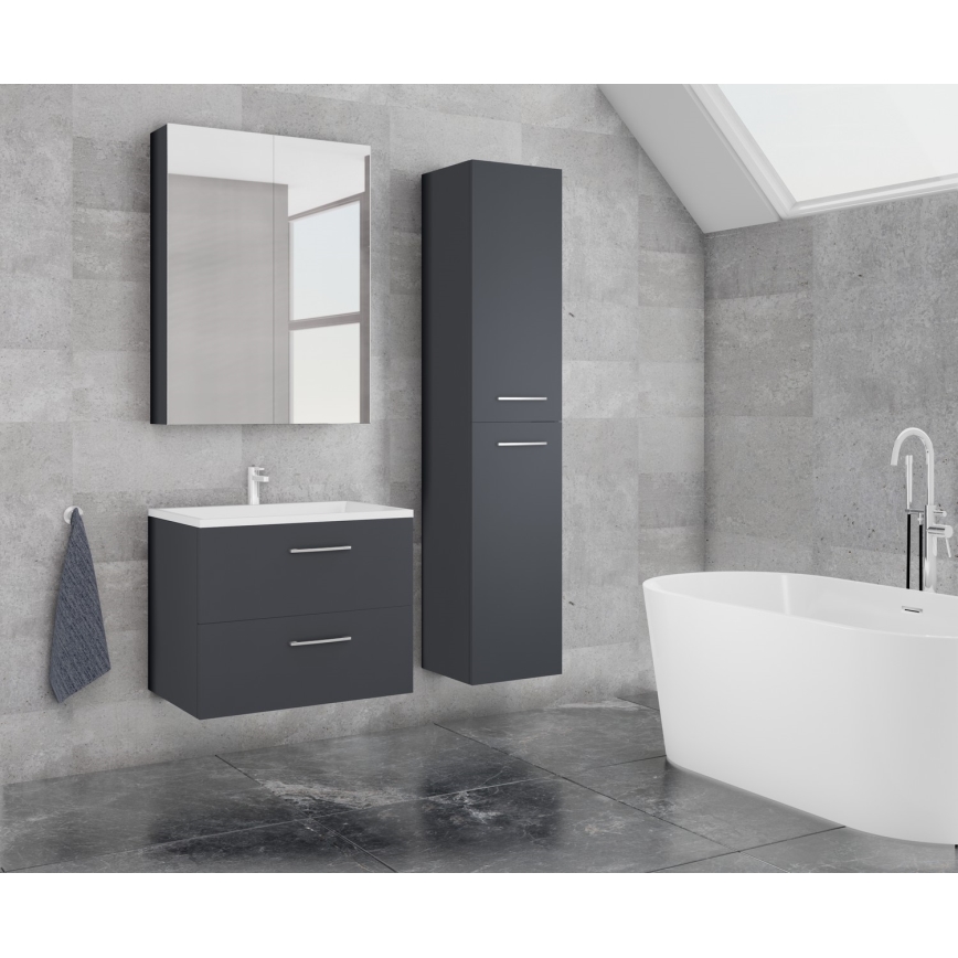 Bathroom vanity unit with basin KATE + mirrored cabinet + wall-mounted cabinet anthracite