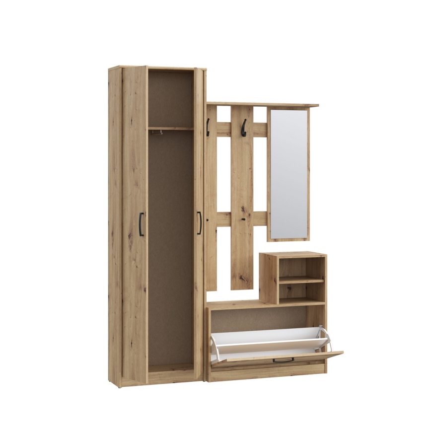 KAVI Hallway Wall Unit with Mirror, Artisan Oak