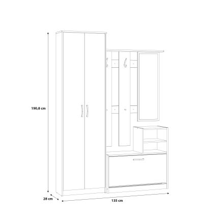 KAVI Hallway Wall Unit with Mirror, Artisan Oak