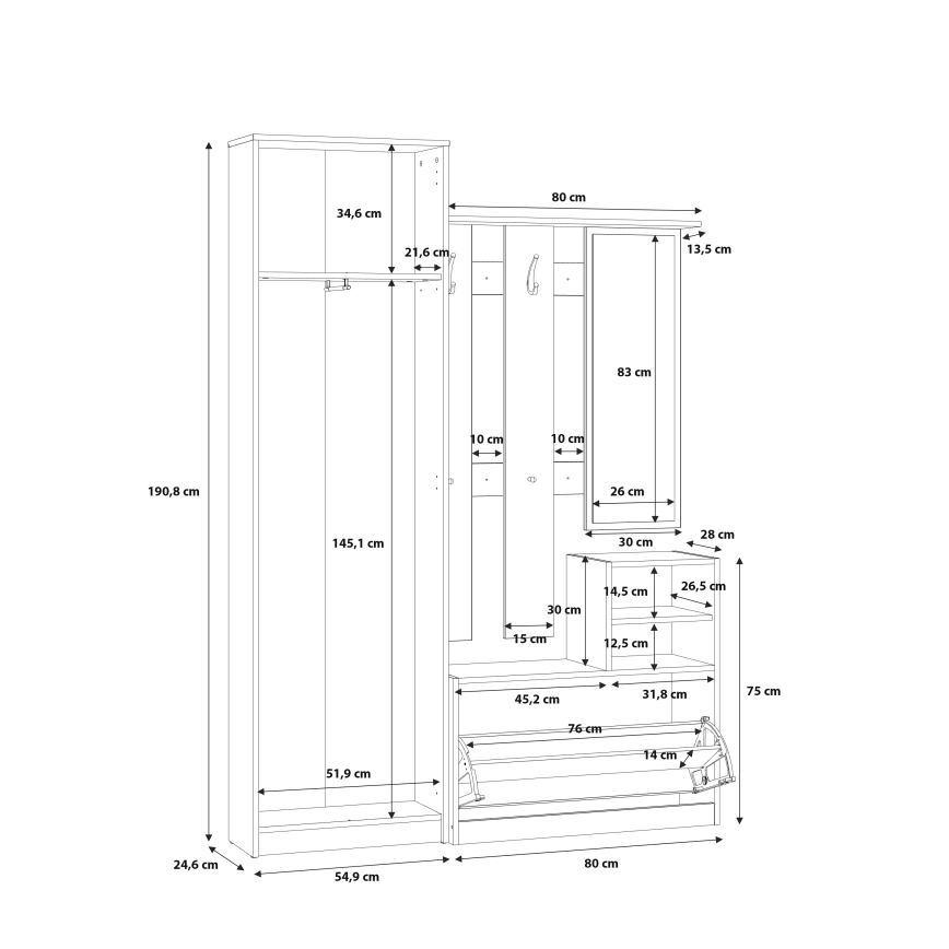 KAVI Hallway Wall Unit with Mirror, Artisan Oak