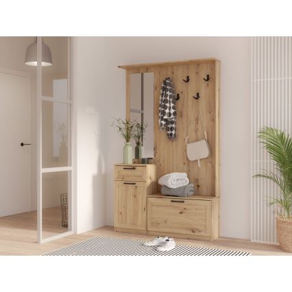 KAVI Hallway Wall Unit with Mirror, Artisan Oak