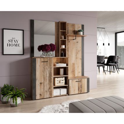 KEVIN Entryway Wall Unit with Mirror, Brown/Black