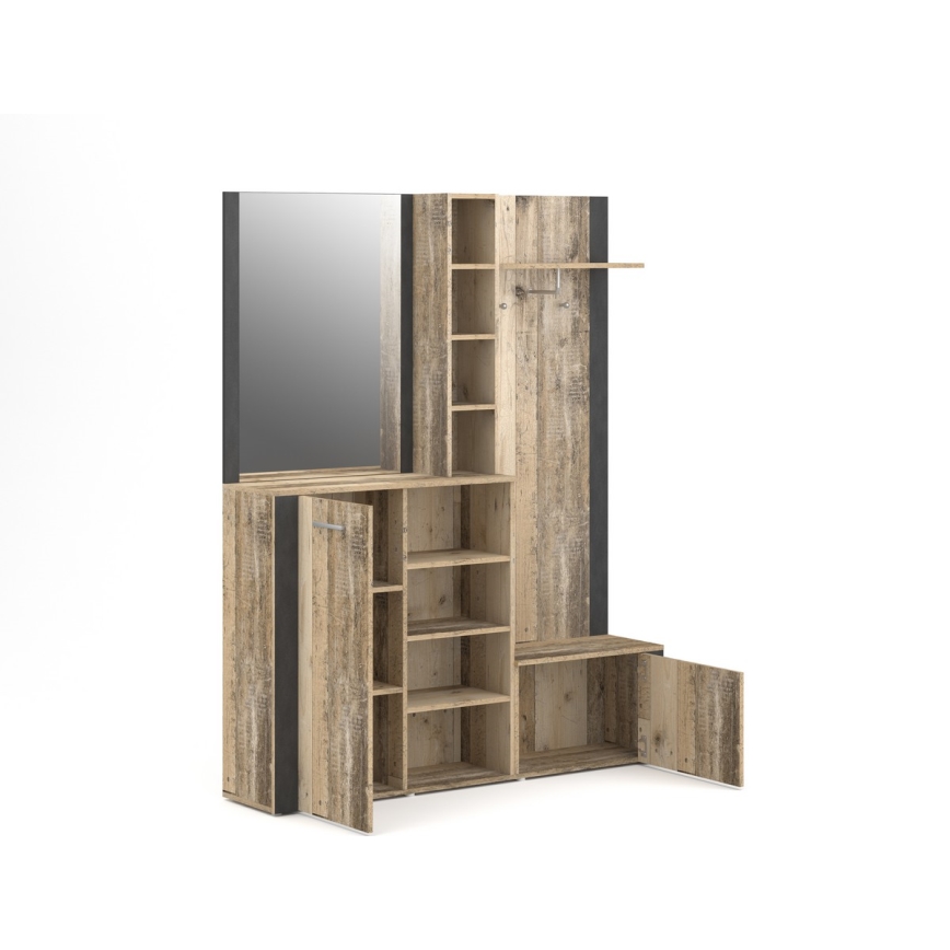 KEVIN Entryway Wall Unit with Mirror, Brown/Black