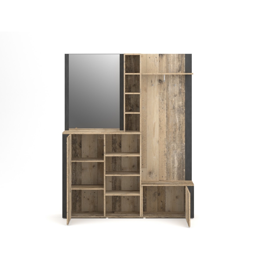 KEVIN Entryway Wall Unit with Mirror, Brown/Black
