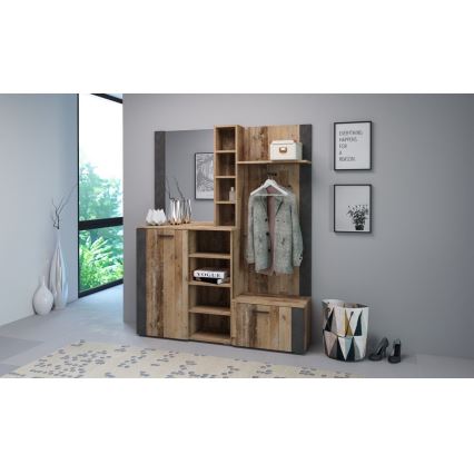 KEVIN Entryway Wall Unit with Mirror, Brown/Black