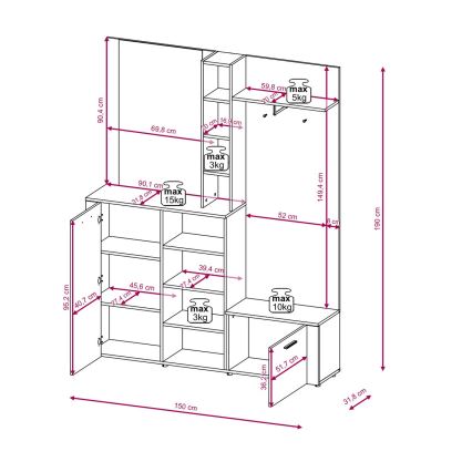 KEVIN Entryway Wall Unit with Mirror, Brown/Black