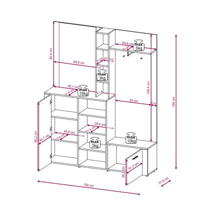 KEVIN Hallway Wall Unit with Mirror, Brown/White