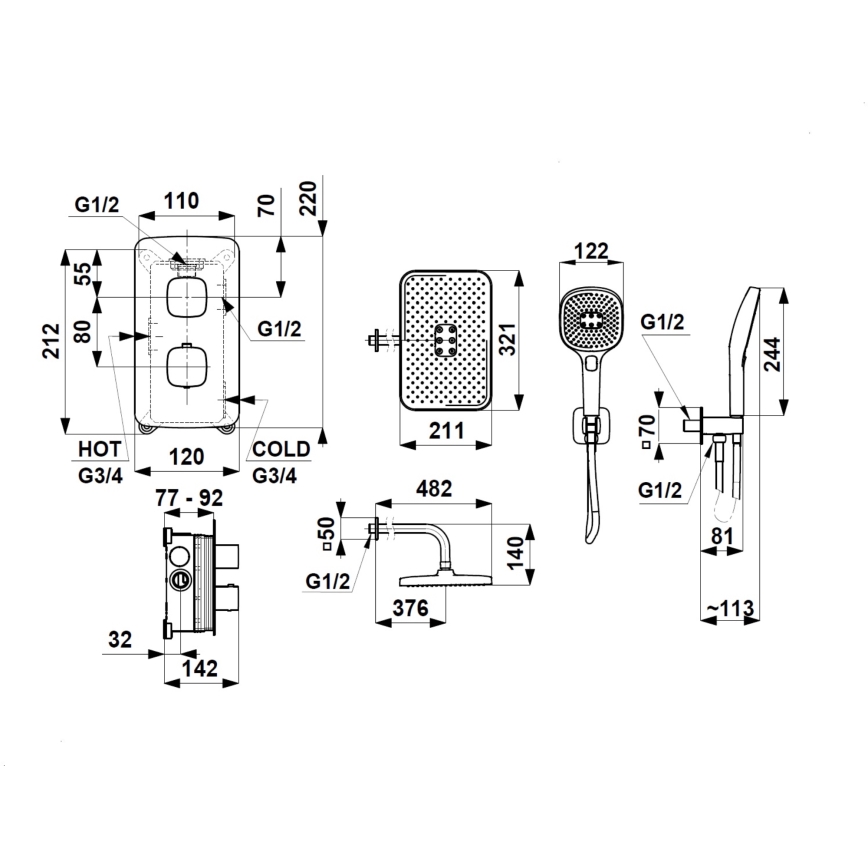 KFA Armatura 5759-501-00 - MALAGA shower set with thermostatic concealed mixer, polished chrome