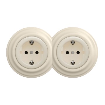 Kliklap - Double Retro SCHUKO Wall Socket with Frame, 230V/16A, Beige